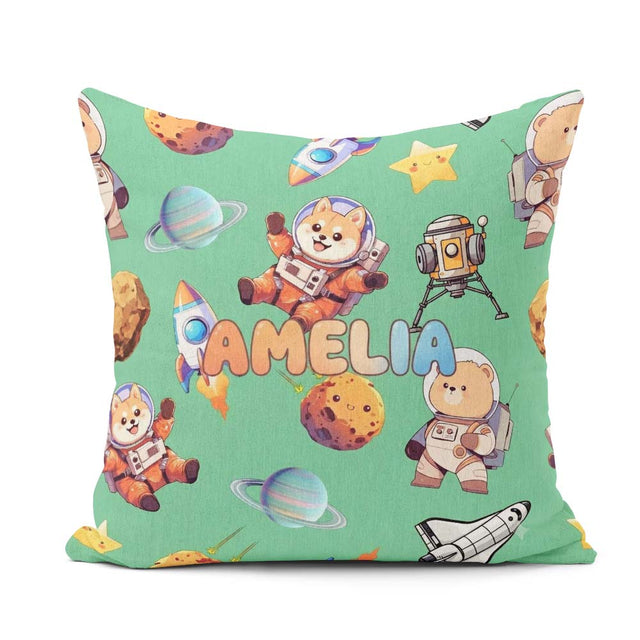 Custom Name Space Dog Bear Astronaut Rockets Seamless Background Square Filled Cushion Throw Pillow Sofa Bed Home Decor Zip Washable UK Made