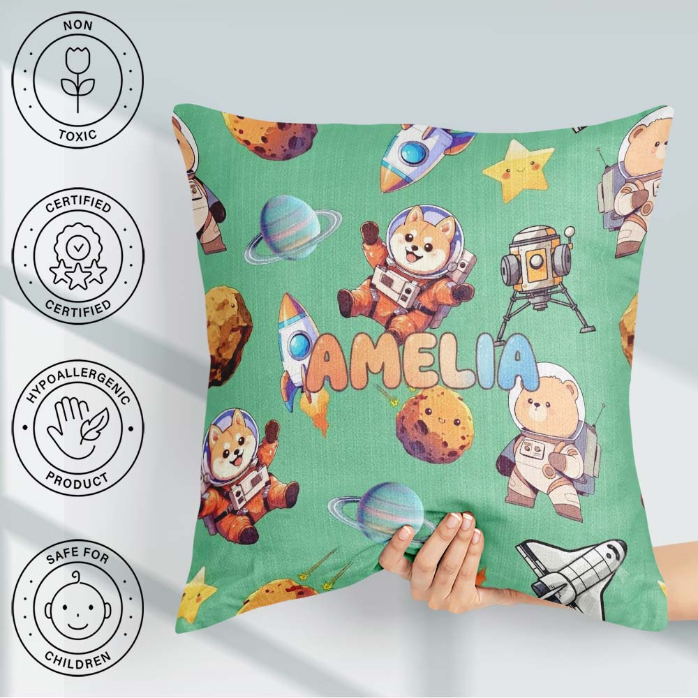 Custom Name Space Dog Bear Astronaut Rockets Seamless Background Square Filled Cushion Throw Pillow Sofa Bed Home Decor Zip Washable UK Made