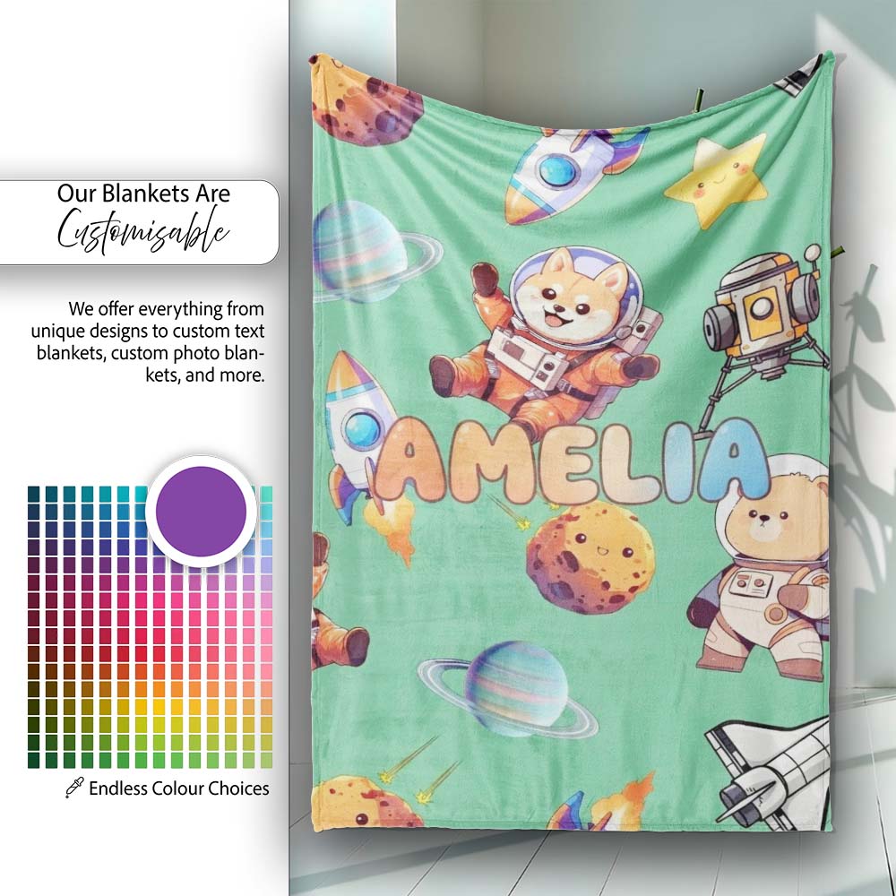 Space Dog Bear Astronaut Rockets Planets Seamless Green Background  Personalised Custom Name Super Soft Fleece Blanket Bed Sofa Throw