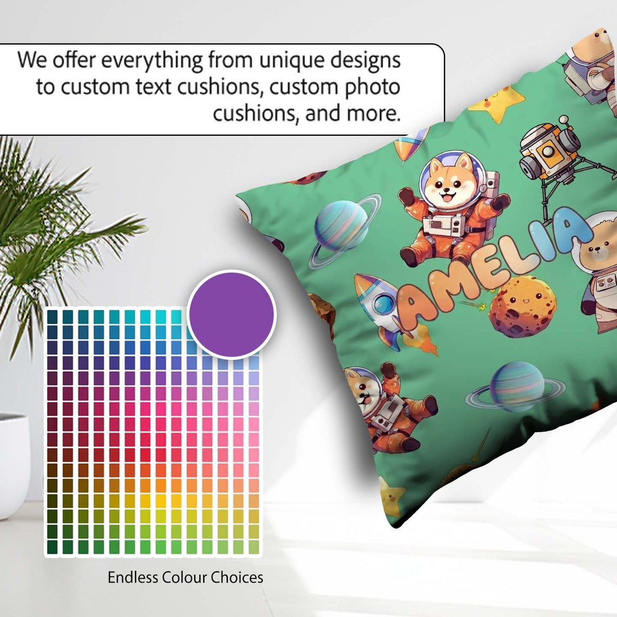 Custom Name Space Dog Bear Astronaut Rockets Seamless Background Square Filled Cushion Throw Pillow Sofa Bed Home Decor Zip Washable UK Made