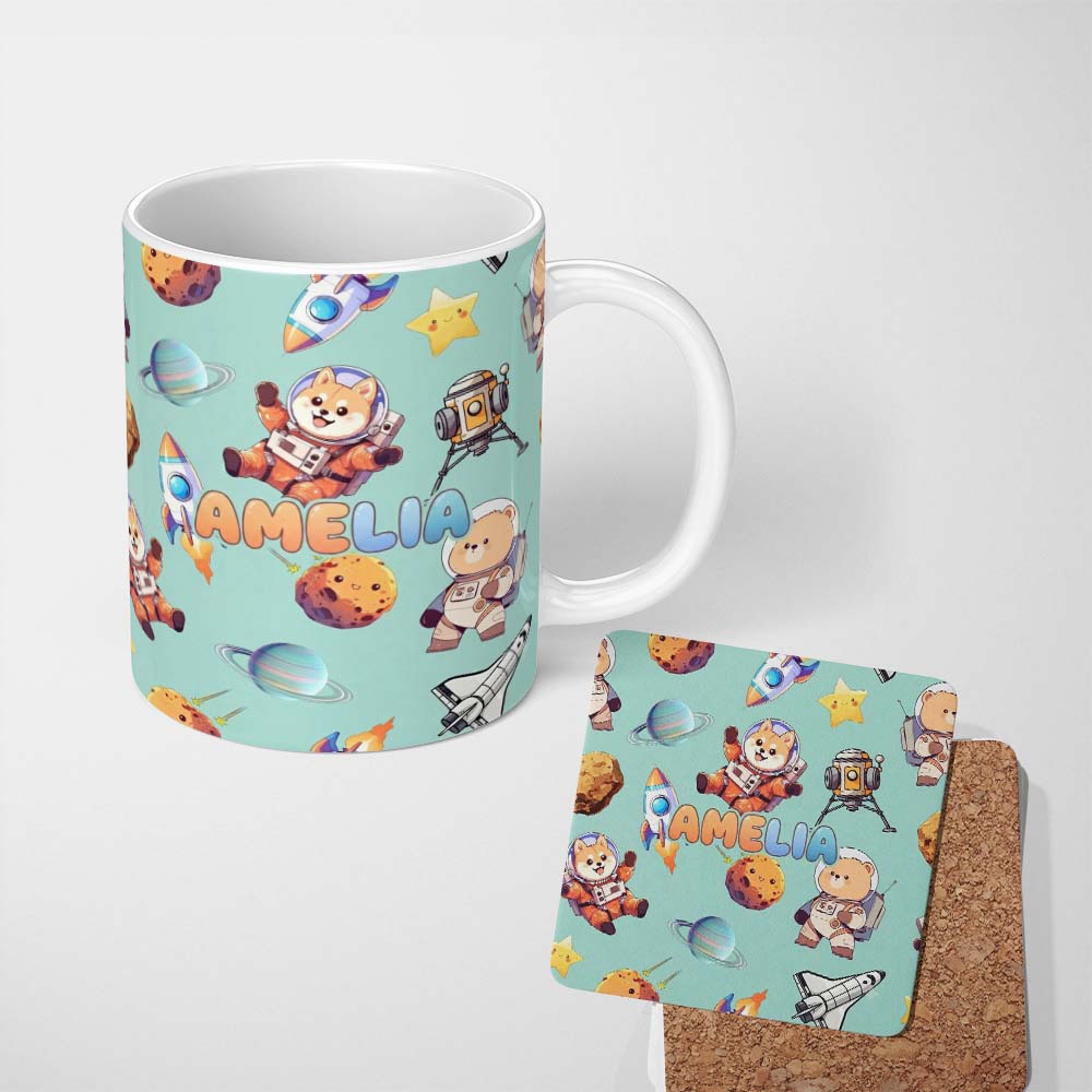 Personalized Custom Name Space Dog Bear Astronaut Rockets Planets Seamless Teal Background 11oz Ceramic Coffee Tea Mug White Large Handle