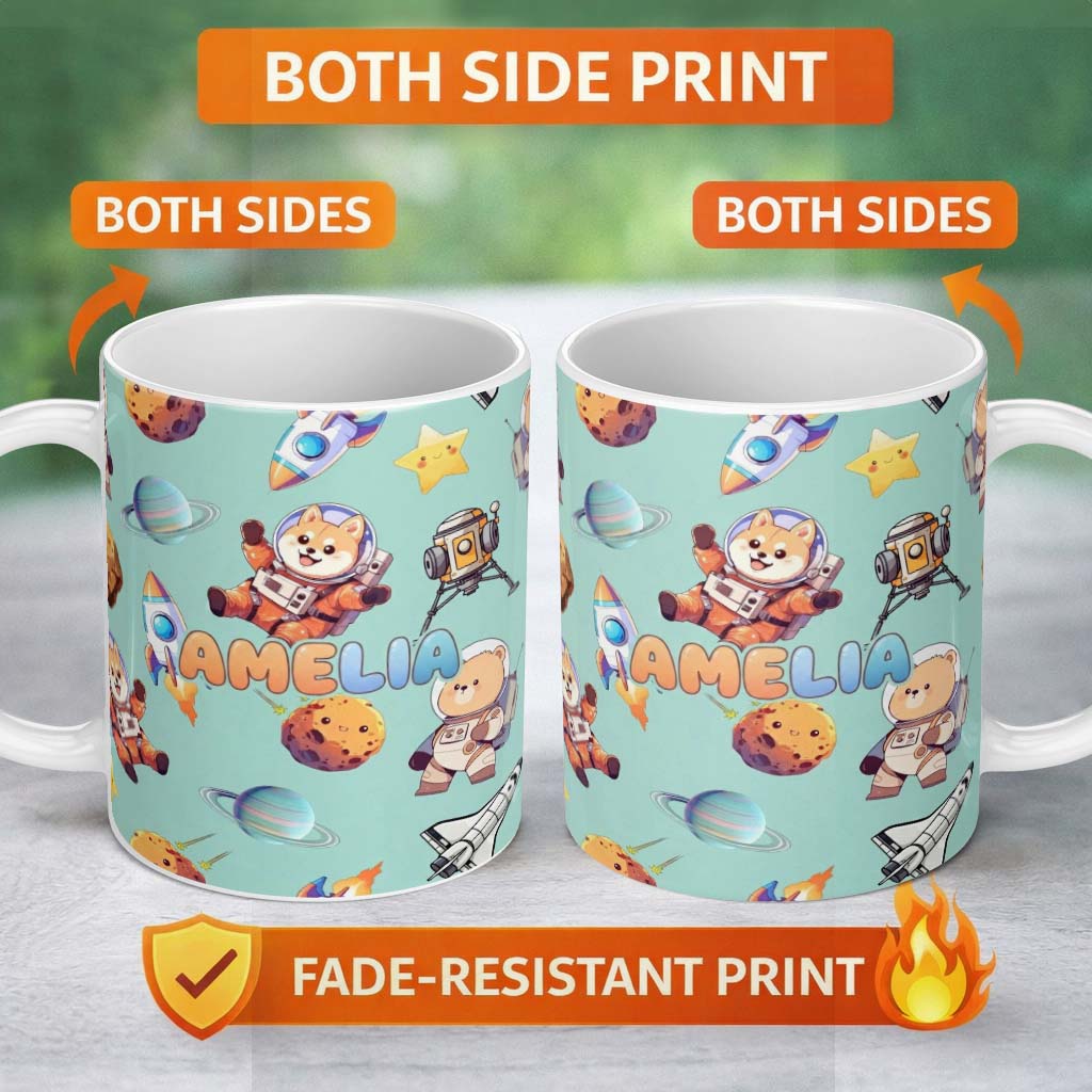 Personalized Custom Name Space Dog Bear Astronaut Rockets Planets Seamless Teal Background 11oz Ceramic Coffee Tea Mug White Large Handle