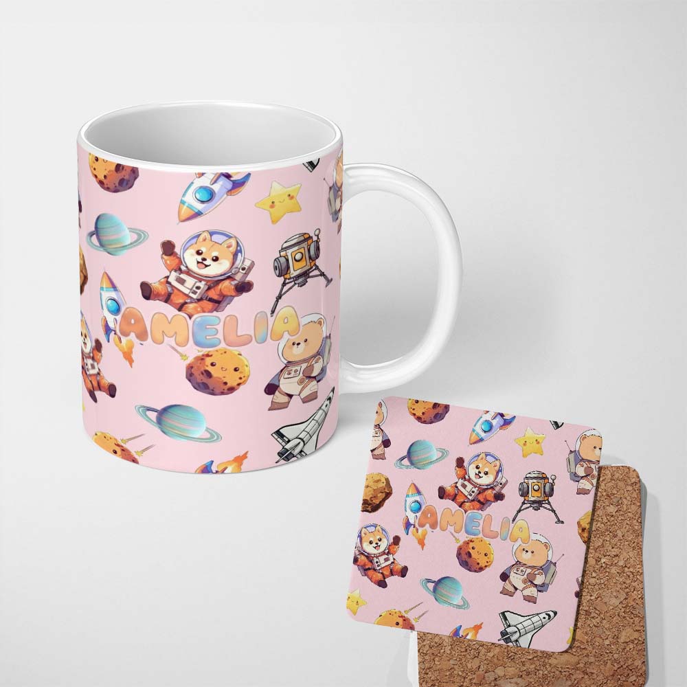 Personalized Custom Name Space Dog Bear Astronaut Rockets Planets Seamless Soft Pink 11oz Ceramic Coffee Tea Mug White Large Handle