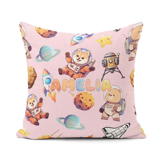 Custom Name Space Dog Bear Astronaut Rockets Seamless Soft Pink Square Filled Cushion Throw Pillow Sofa Bed Home Decor Zip Washable UK Made