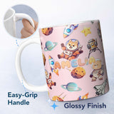 Personalized Custom Name Space Dog Bear Astronaut Rockets Planets Seamless Soft Pink 11oz Ceramic Coffee Tea Mug White Large Handle