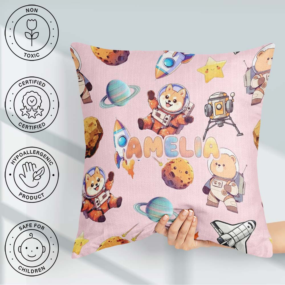 Custom Name Space Dog Bear Astronaut Rockets Seamless Soft Pink Square Filled Cushion Throw Pillow Sofa Bed Home Decor Zip Washable UK Made