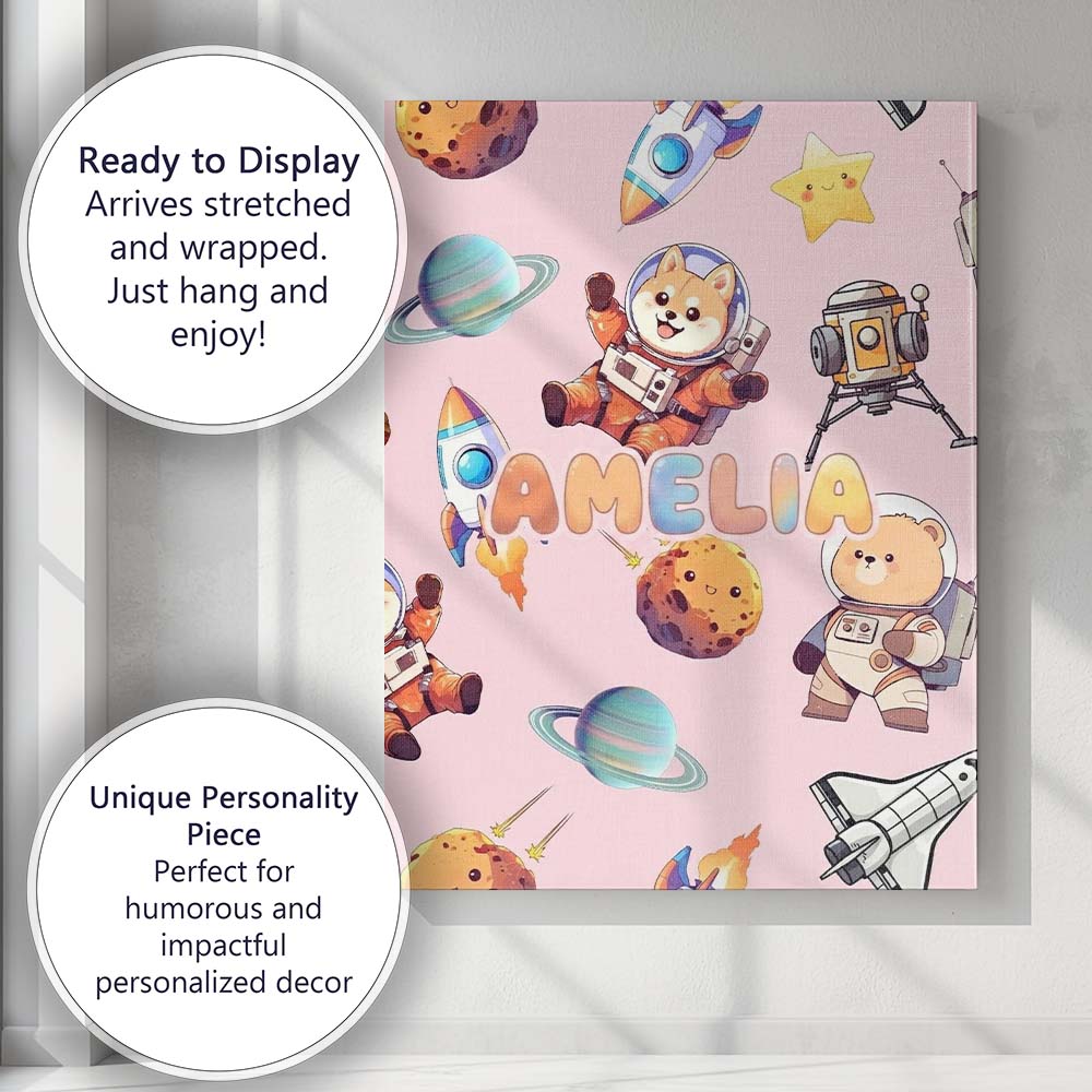 Personalised Name Space Dog Bear Astronaut Custom  Unique Gift Idea Elegant Feature Canvas Wall Art Print Decor Picture Ready to Hang