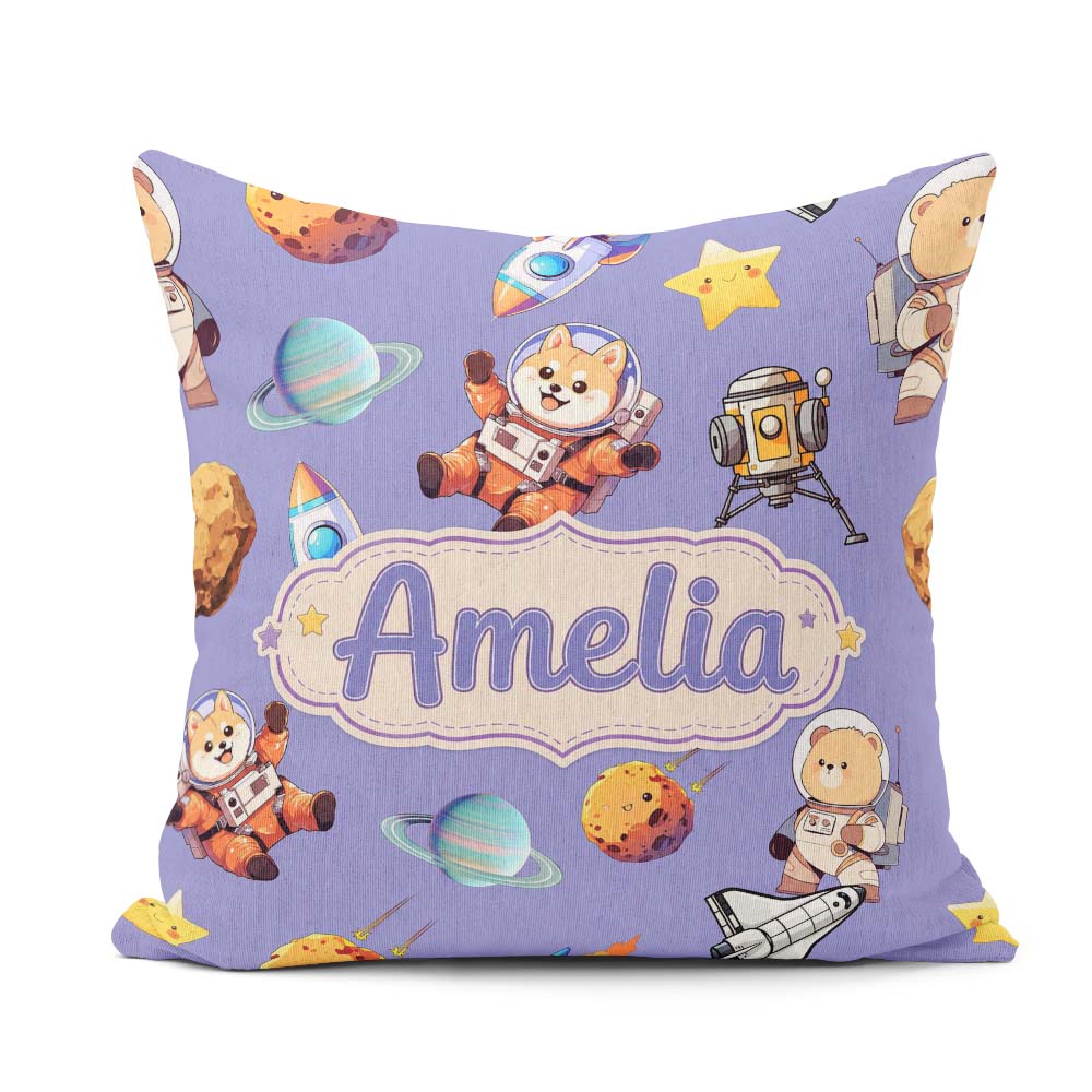 Custom Name Dog Bear Astronaut Rockets Planets Seamless Lavender Square Filled Cushion Throw Pillow Sofa Bed Home Decor Zip Washable UK Made