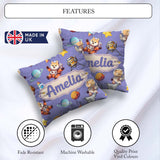 Custom Name Dog Bear Astronaut Rockets Planets Seamless Lavender Square Filled Cushion Throw Pillow Sofa Bed Home Decor Zip Washable UK Made