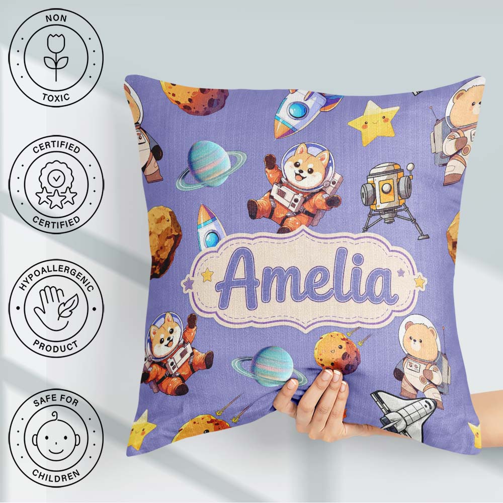 Custom Name Dog Bear Astronaut Rockets Planets Seamless Lavender Square Filled Cushion Throw Pillow Sofa Bed Home Decor Zip Washable UK Made