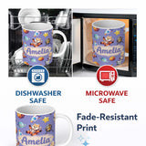 Personalized Custom Name Space Dog Bear Astronaut Rockets Planets Seamless Lavender 11oz Ceramic Coffee Tea Mug White Large Handle