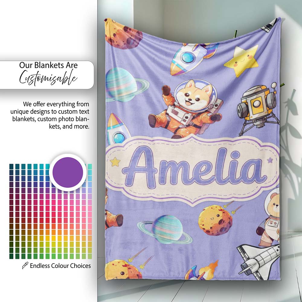 Space Dog Bear Astronaut Rockets Planets Seamless Lavender  Personalised Custom Name Super Soft Fleece Blanket Bed Sofa Throw