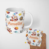 Personalized Custom Name Space Dog Bear Astronaut Rockets Planets Seamless Light Grey 11oz Ceramic Coffee Tea Mug White Large Handle