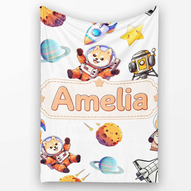 Space Dog Bear Astronaut Rockets Planets Seamless Light Grey  Personalised Custom Name Super Soft Fleece Blanket Bed Sofa Throw