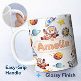 Personalized Custom Name Space Dog Bear Astronaut Rockets Planets Seamless Light Grey 11oz Ceramic Coffee Tea Mug White Large Handle