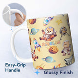 Personalized Custom Name Space Dog Bear Astronaut Rockets Planets Seamless Yellow Background 11oz Ceramic Coffee Tea Mug White Large Handle