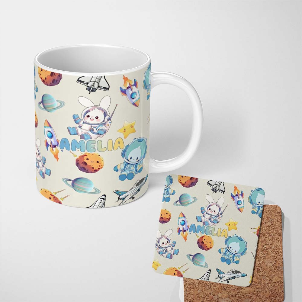Personalized Custom Name Space Bunny Cat Astronaut Rockets Planets Seamless Beige Background 11oz Ceramic Coffee Tea Mug White Large Handle