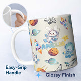 Personalized Custom Name Space Bunny Cat Astronaut Rockets Planets Seamless Beige Background 11oz Ceramic Coffee Tea Mug White Large Handle