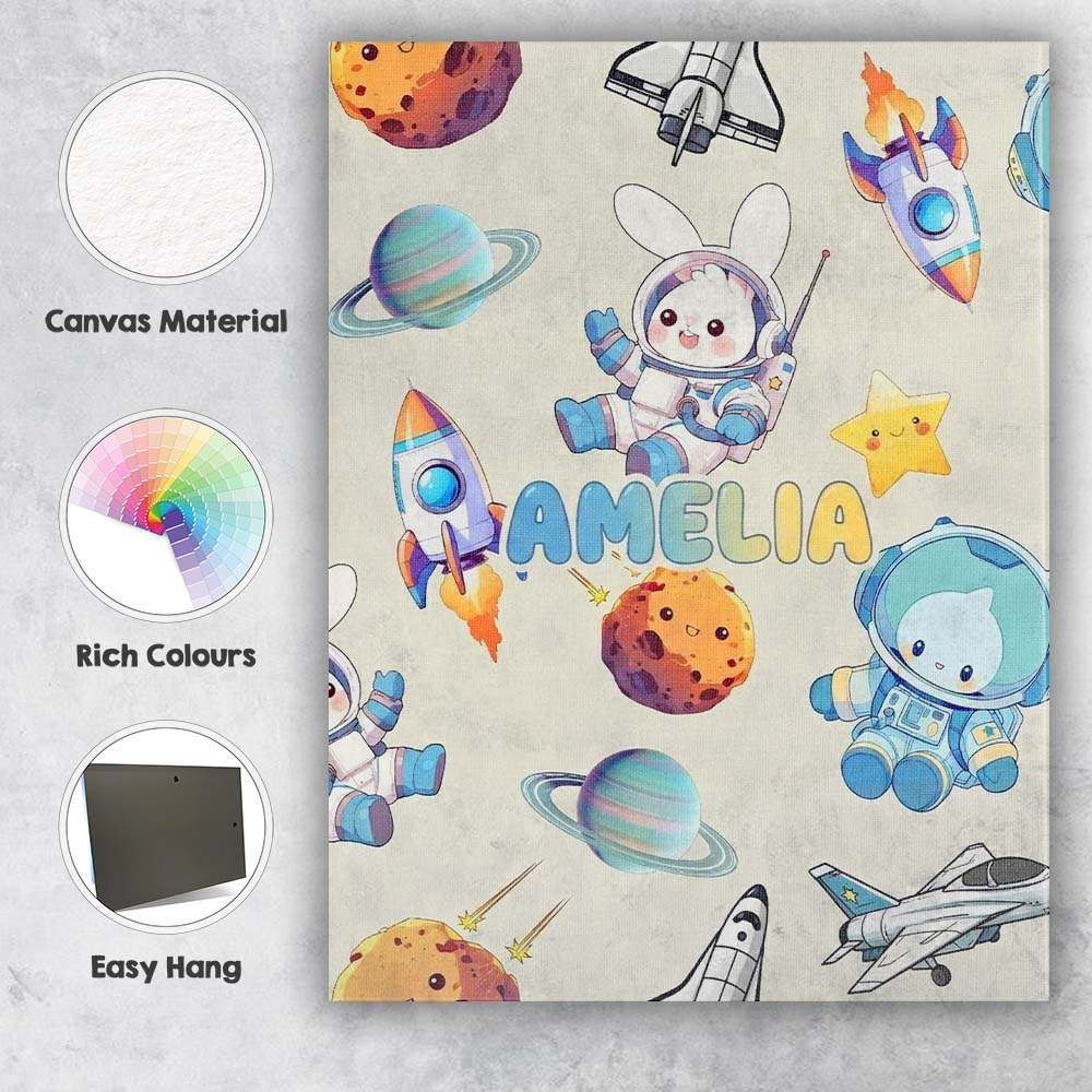 Personalised Name Space Bunny Cat Astronaut Custom  Bespoke Interior Contemporary Canvas Wall Art Print Decor Picture Ready to Hang