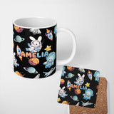 Personalized Custom Name Space Bunny Cat Astronaut Rockets Planets Seamless Black Background 11oz Ceramic Coffee Tea Mug White Large Handle