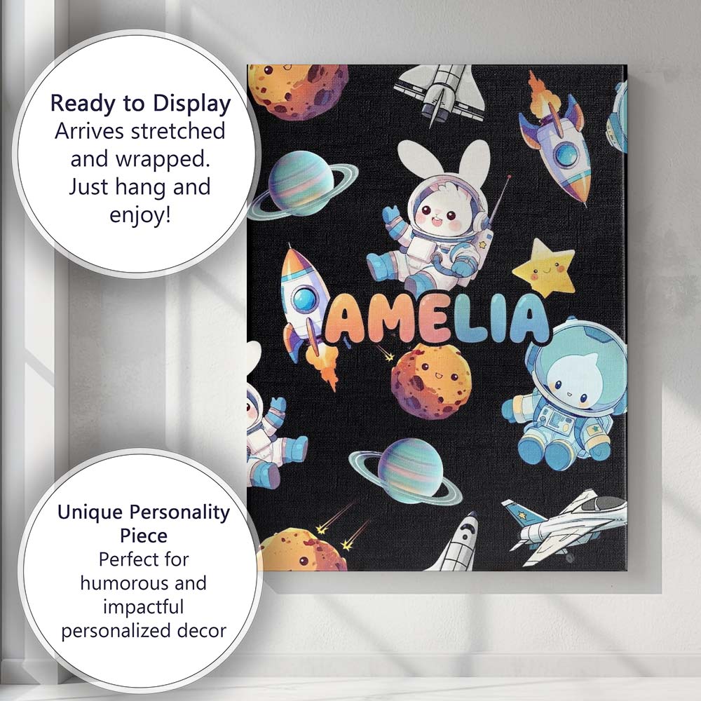 Personalised Name Space Bunny Cat Astronaut Custom  Bespoke Interior Contemporary Canvas Wall Art Print Decor Picture Ready to Hang