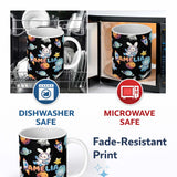 Personalized Custom Name Space Bunny Cat Astronaut Rockets Planets Seamless Black Background 11oz Ceramic Coffee Tea Mug White Large Handle