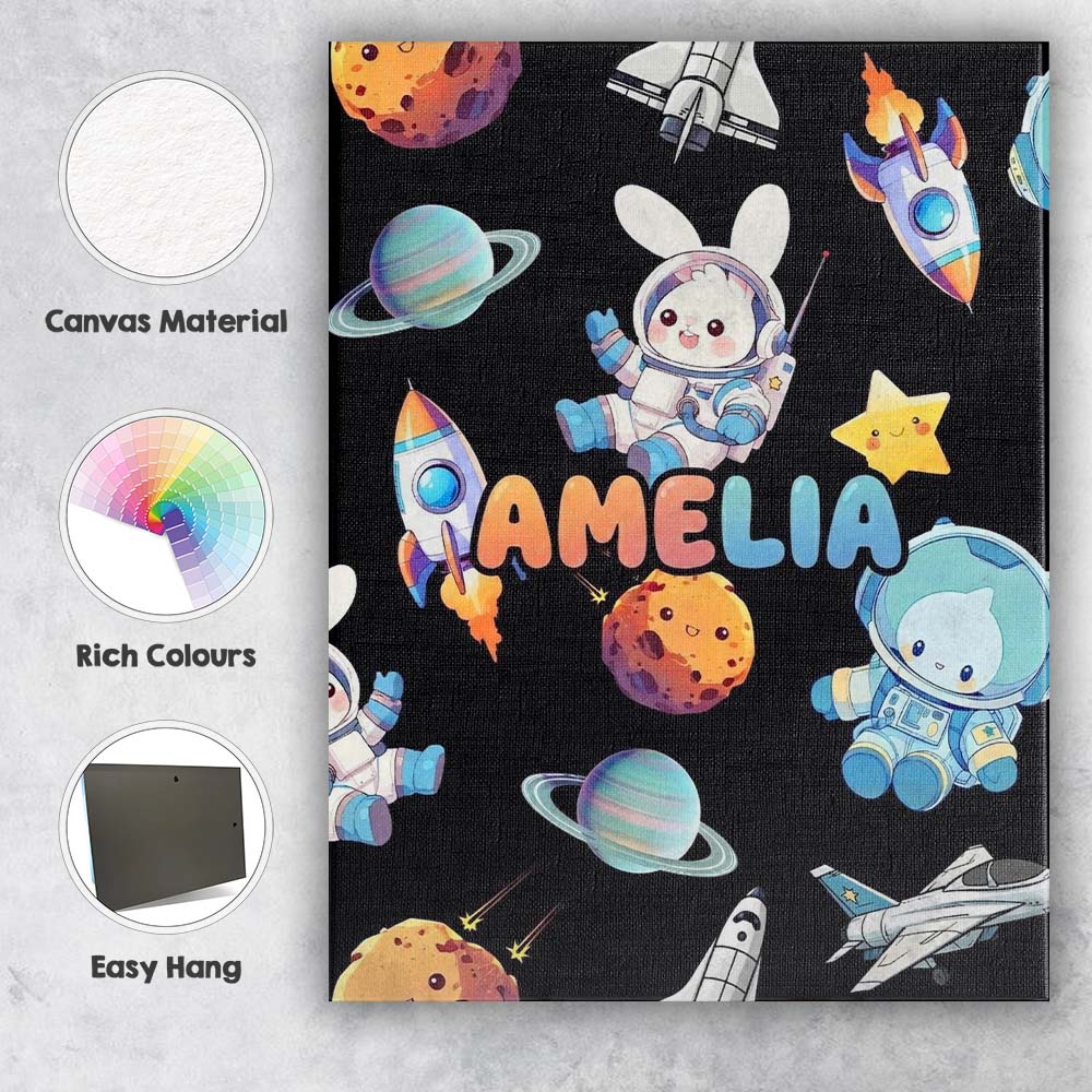 Personalised Name Space Bunny Cat Astronaut Custom  Bespoke Interior Contemporary Canvas Wall Art Print Decor Picture Ready to Hang