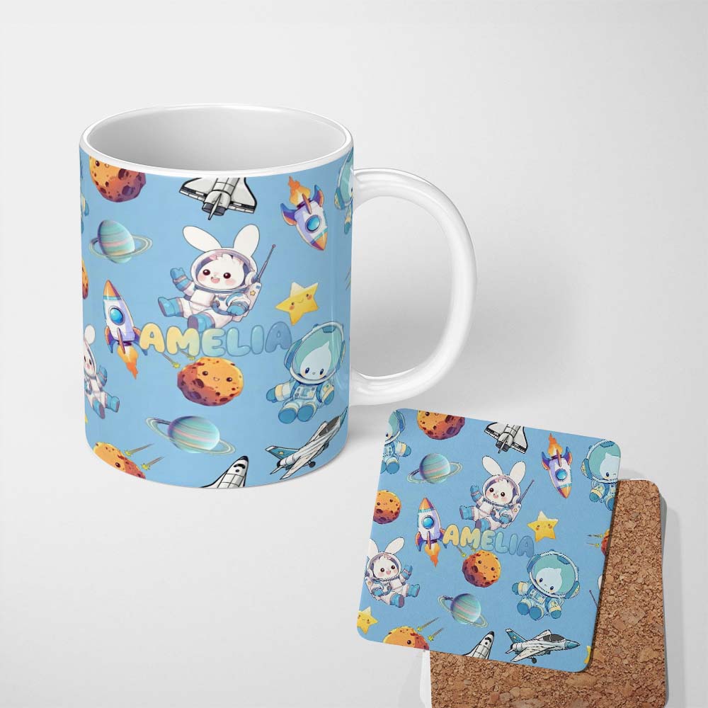 Personalized Custom Name Space Bunny Cat Astronaut Rockets Planets Seamless Blue Background 11oz Ceramic Coffee Tea Mug White Large Handle
