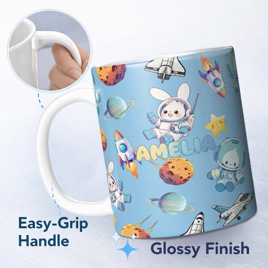 Personalized Custom Name Space Bunny Cat Astronaut Rockets Planets Seamless Blue Background 11oz Ceramic Coffee Tea Mug White Large Handle
