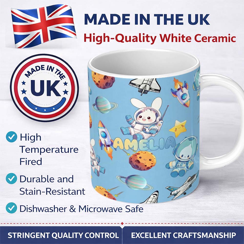 Personalized Custom Name Space Bunny Cat Astronaut Rockets Planets Seamless Blue Background 11oz Ceramic Coffee Tea Mug White Large Handle