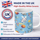 Personalized Custom Name Space Bunny Cat Astronaut Rockets Planets Seamless Blue Background 11oz Ceramic Coffee Tea Mug White Large Handle