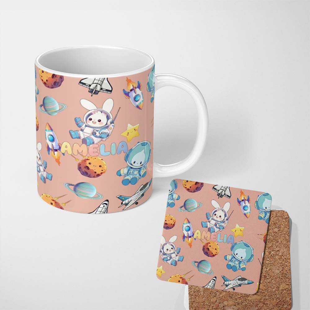 Personalized Custom Name Space Bunny Cat Astronaut Rockets Planets Seamless Peach Background 11oz Ceramic Coffee Tea Mug White Large Handle