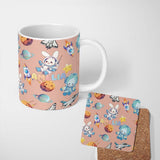 Personalized Custom Name Space Bunny Cat Astronaut Rockets Planets Seamless Peach Background 11oz Ceramic Coffee Tea Mug White Large Handle