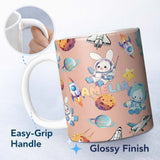 Personalized Custom Name Space Bunny Cat Astronaut Rockets Planets Seamless Peach Background 11oz Ceramic Coffee Tea Mug White Large Handle