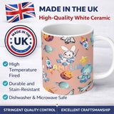 Personalized Custom Name Space Bunny Cat Astronaut Rockets Planets Seamless Peach Background 11oz Ceramic Coffee Tea Mug White Large Handle