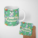Personalized Custom Name Space Bunny Cat Astronaut Rockets Planets Seamless Green Background 11oz Ceramic Coffee Tea Mug White Large Handle