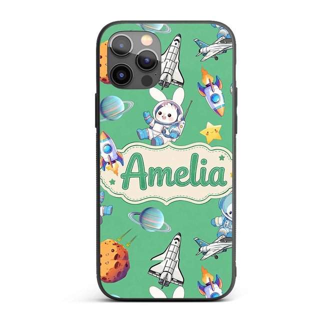Space Bunny Cat Astronaut Rockets Printed Design Custom Name Protective Phone Case Mobile Cover Durable Everyday Smartphone Shock Resistant