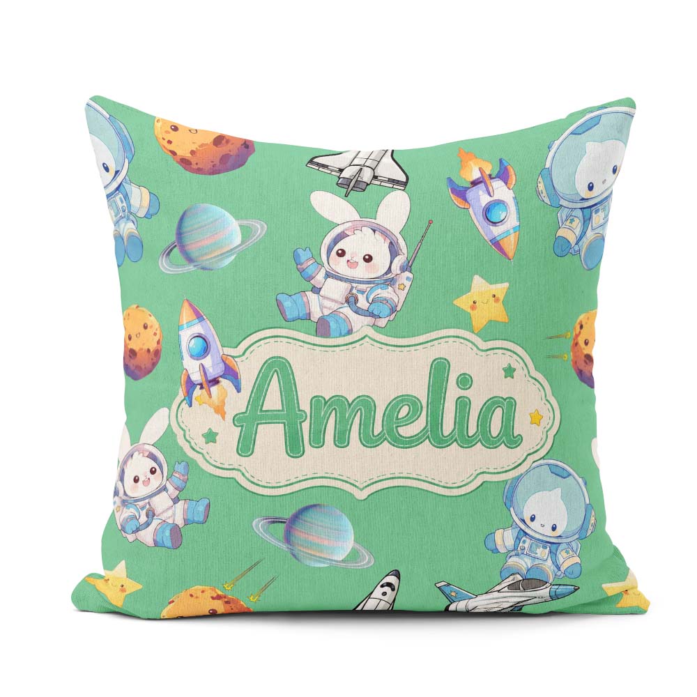 Custom Name Space Bunny Astronaut Rockets Planets Seamless Green Square Filled Cushion Throw Pillow Sofa Bed Home Decor Zip Washable UK Made