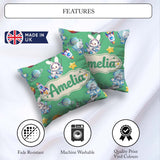 Custom Name Space Bunny Astronaut Rockets Planets Seamless Green Square Filled Cushion Throw Pillow Sofa Bed Home Decor Zip Washable UK Made