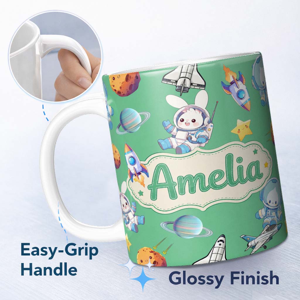 Personalized Custom Name Space Bunny Cat Astronaut Rockets Planets Seamless Green Background 11oz Ceramic Coffee Tea Mug White Large Handle