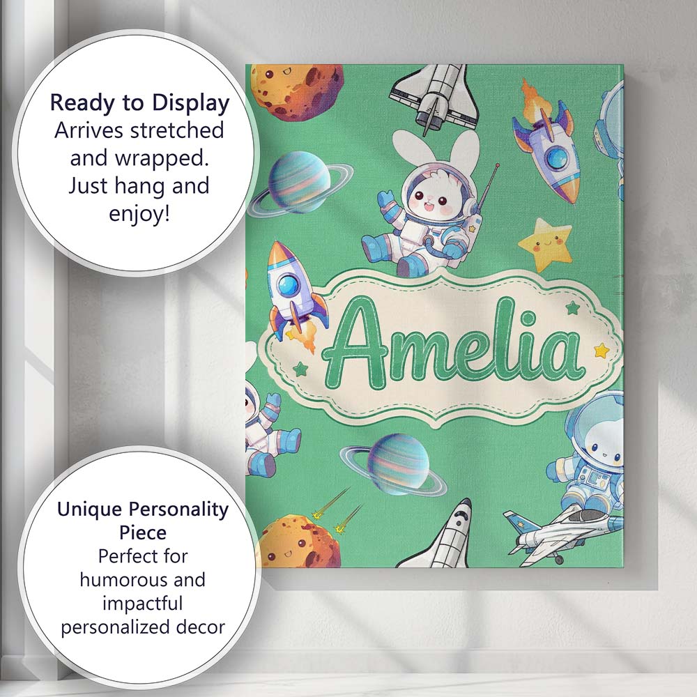 Personalised Name Space Bunny Cat Astronaut Custom  Bespoke Interior Contemporary Canvas Wall Art Print Decor Picture Ready to Hang