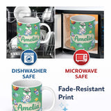 Personalized Custom Name Space Bunny Cat Astronaut Rockets Planets Seamless Green Background 11oz Ceramic Coffee Tea Mug White Large Handle