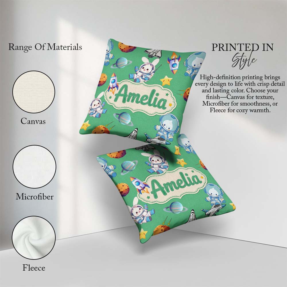 Custom Name Space Bunny Astronaut Rockets Planets Seamless Green Square Filled Cushion Throw Pillow Sofa Bed Home Decor Zip Washable UK Made