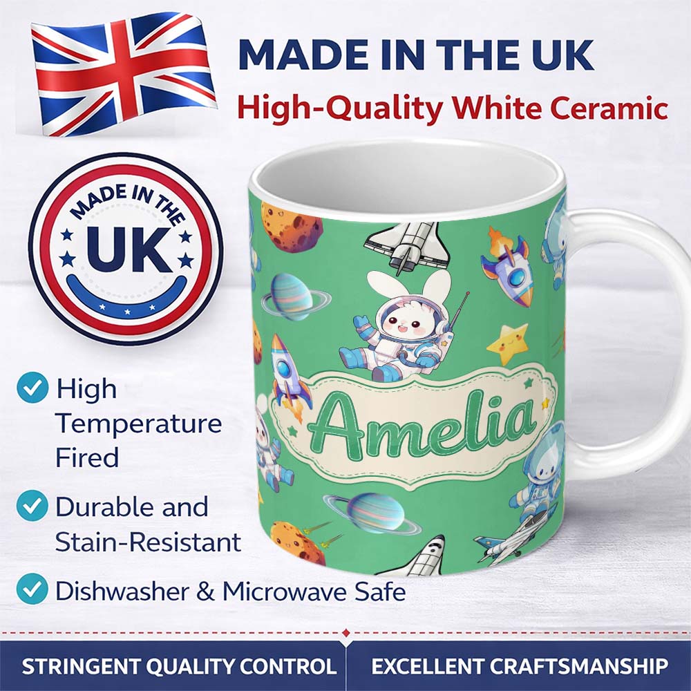 Personalized Custom Name Space Bunny Cat Astronaut Rockets Planets Seamless Green Background 11oz Ceramic Coffee Tea Mug White Large Handle