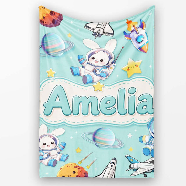 Space Bunny Cat Astronaut Rockets Planets Seamless Teal Background  Personalised Custom Name Super Soft Fleece Blanket Bed Sofa Throw
