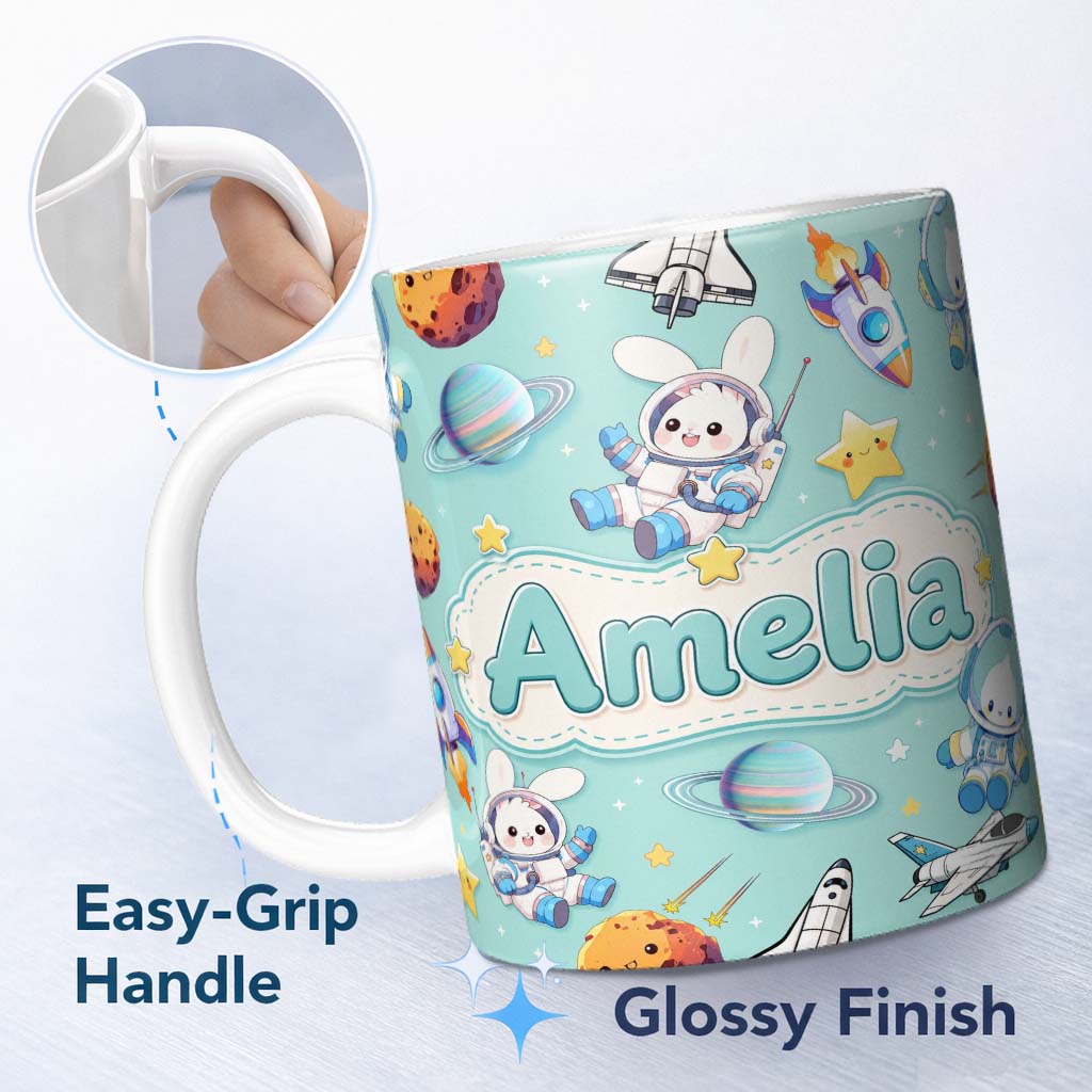 Personalized Custom Name Space Bunny Cat Astronaut Rockets Planets Seamless Teal Background 11oz Ceramic Coffee Tea Mug White Large Handle