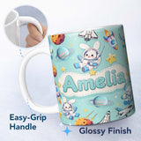 Personalized Custom Name Space Bunny Cat Astronaut Rockets Planets Seamless Teal Background 11oz Ceramic Coffee Tea Mug White Large Handle