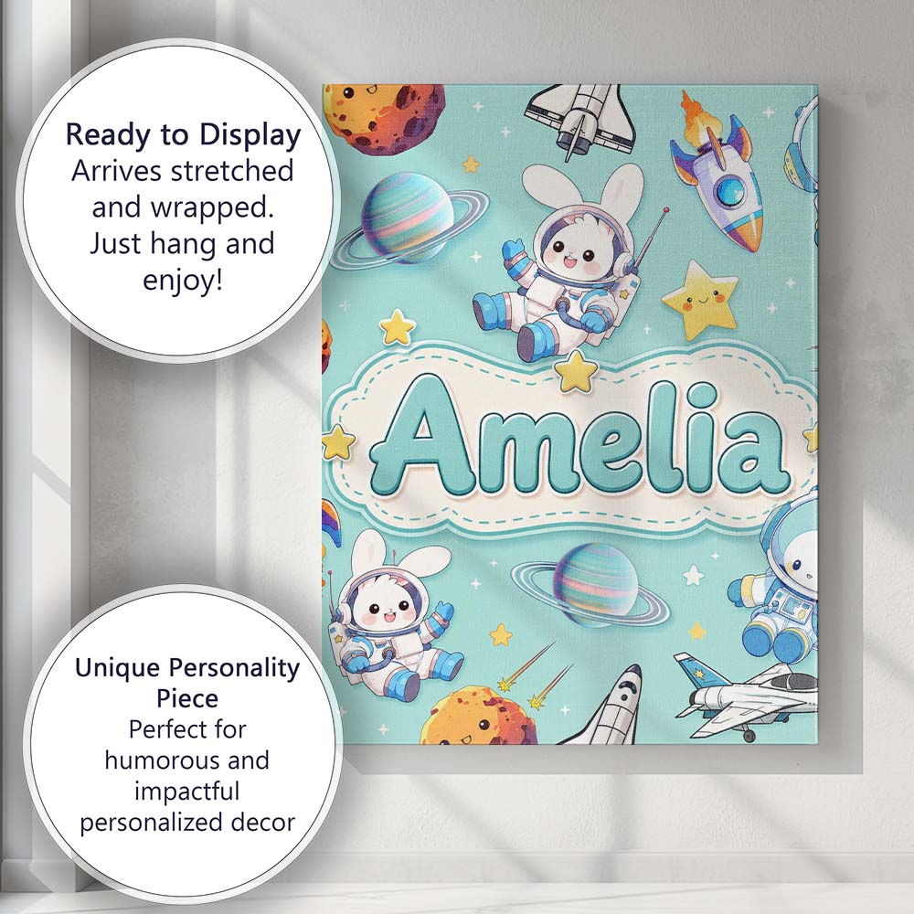 Personalised Name Space Bunny Cat Astronaut Custom  Bespoke Interior Contemporary Canvas Wall Art Print Decor Picture Ready to Hang