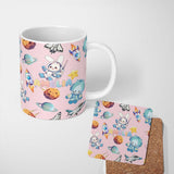 Personalized Custom Name Space Bunny Cat Astronaut Rockets Planets Seamless Pink Background 11oz Ceramic Coffee Tea Mug White Large Handle
