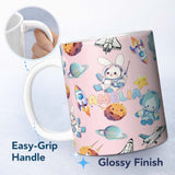 Personalized Custom Name Space Bunny Cat Astronaut Rockets Planets Seamless Pink Background 11oz Ceramic Coffee Tea Mug White Large Handle